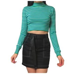 Silence + Noise Blue Green and White Striped Cropped Mock Long Sleeve Knit Top S